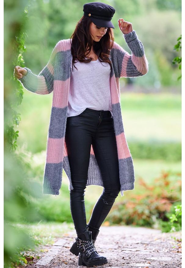 Awama - Długi Niezapinany Sweter w Szaro-Różowe Pasy. Kolor: różowy, wielokolorowy, szary. Materiał: poliester, poliamid. Długość: długie