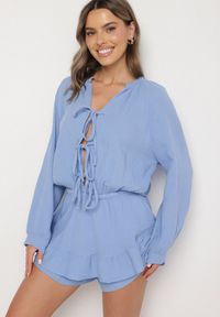 Born2be - Niebieski Wiązany Bawełniany Kombinezon Boho z Falbankami i Wiązaniem Lalelia. Kolor: niebieski. Materiał: bawełna. Sezon: lato. Styl: boho #7