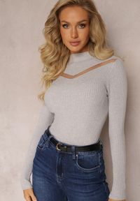 Renee - Szary Dopasowany Golf z Dzianinowej Tkaniny Ozdobiony Przeźroczystą Wstawką Bollise. Typ kołnierza: golf. Kolor: szary. Materiał: tkanina, dzianina. Wzór: aplikacja