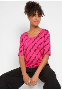 bonprix - Shirt sportowy, rękawy 3/4. Kolor: różowy. Wzór: nadruk. Styl: sportowy