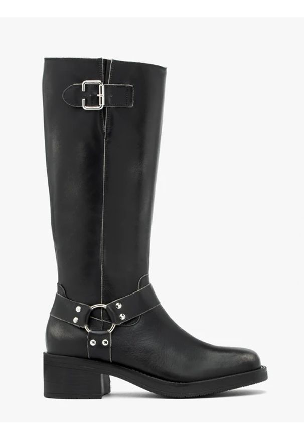 Ryłko - Czarne kozaki biker boots ze skóry licowej. Okazja: na co dzień. Zapięcie: zamek. Kolor: szary. Materiał: skóra. Szerokość cholewki: normalna. Obcas: na obcasie. Styl: casual, street, rockowy. Wysokość obcasa: średni