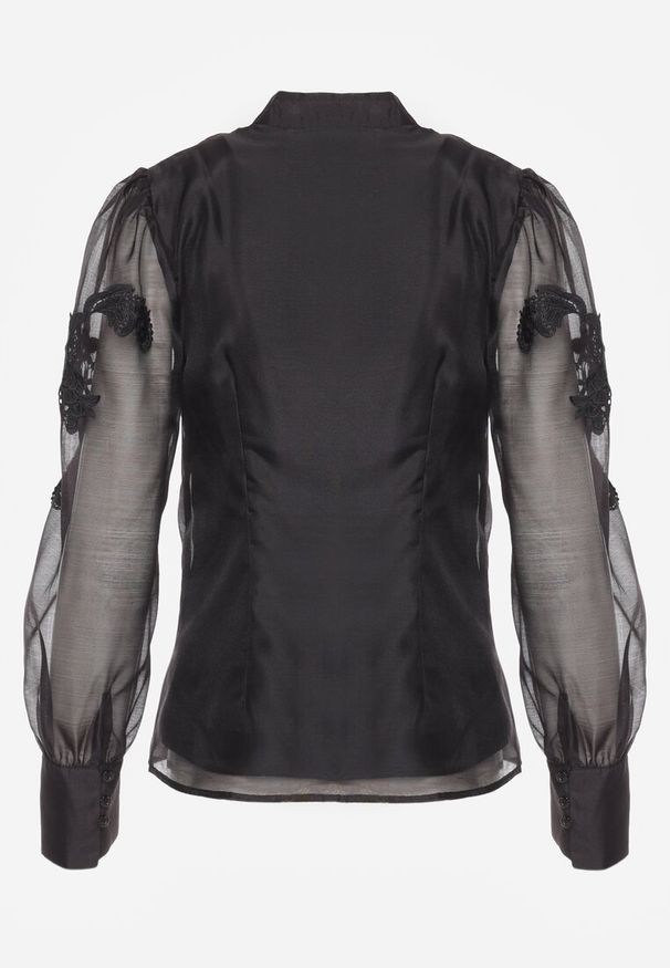 Renee - Czarna Koszula z Transparentnymi Rękawami i Koronką z Perełkami Ulani. Kolor: czarny. Materiał: koronka. Wzór: koronka. Styl: elegancki