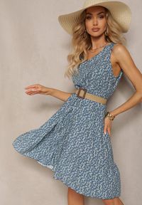 Renee - Niebieska Bawełniana Sukienka z Rozkloszowaną Falbaną na Dole Cavina. Kolor: niebieski. Materiał: bawełna. Sezon: lato #1