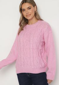 Born2be - Różowy Sweter z Wełną Ściągaczem i Tłoczeniem Riavonnae. Okazja: na co dzień. Kolor: różowy. Materiał: wełna. Styl: wizytowy, klasyczny, casual, elegancki #2