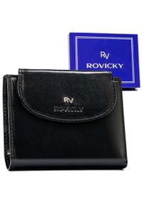 ROVICKY - Portfel skórzany Rovicky RV-70614-9-BCA czarny. Kolor: czarny. Materiał: skóra. Wzór: gładki, napisy, aplikacja