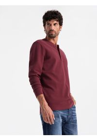 Ombre Clothing - Zapinany pod szyją longsleeve męski z dzianiny waflowej – bordowy V2 - Rozmiar: S. Okazja: na co dzień. Typ kołnierza: typu henley. Kolor: czerwony. Materiał: dzianina. Długość rękawa: długi rękaw. Długość: długie. Styl: casual