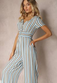 Renee - Niebieski Kombinezon z Wiskozy Wykończony Gumką w Talii i Guzikami przy Dekolcie Tinaviras. Okazja: na co dzień. Kolor: niebieski. Materiał: wiskoza. Styl: sportowy, casual