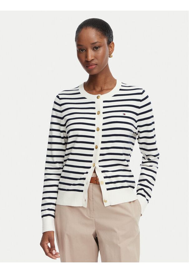 TOMMY HILFIGER - Tommy Hilfiger Kardigan Cable Fine WW0WW42370 Biały Regular Fit. Kolor: biały. Materiał: syntetyk