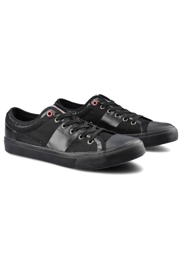 Trampki damskie Cross Jeans, z materiału tekstylnego o wzmocnionej strukturze z klasycznym sznurowaniem gumowym noskiem oraz płaską podeszwą, czarne,. Okazja: na co dzień. Kolor: czarny. Materiał: materiał, guma. Szerokość cholewki: normalna. Obcas: na płaskiej podeszwie. Styl: klasyczny