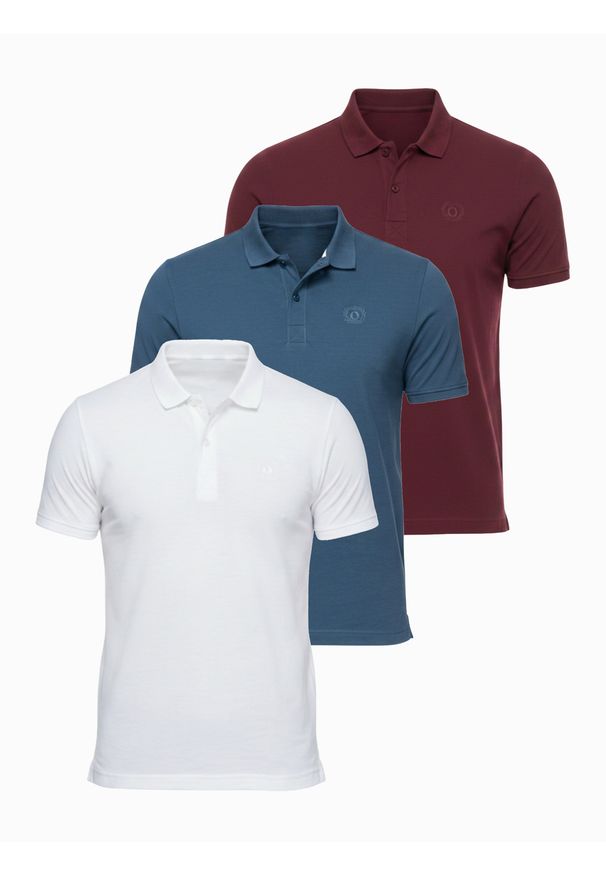Ombre Clothing - Komplet męskich bawełnianych t-shirtów polo BASIC – biały/bordowy/ciemnoniebieski V4 - Rozmiar: M. Okazja: na co dzień. Typ kołnierza: polo. Kolor: czerwony. Materiał: bawełna. Długość rękawa: krótki rękaw. Długość: krótkie. Wzór: haft. Styl: casual, klasyczny