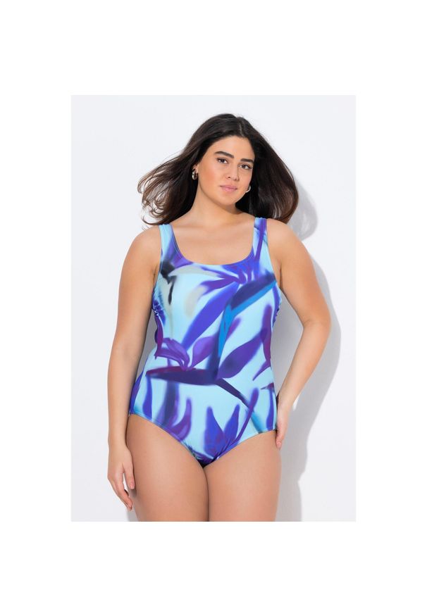 ULLA POPKEN - Damskie Strój kąpielowy bez miękkich miseczek okrągły dekolt. Kolekcja: plus size. Kolor: niebieski. Materiał: poliamid, materiał, elastan