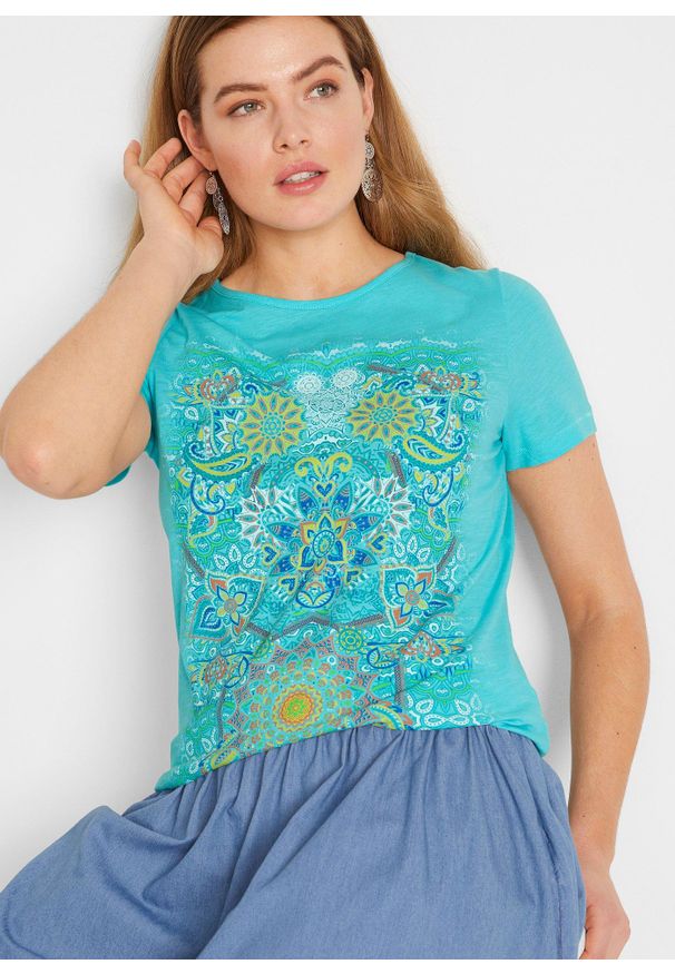 bonprix - T-shirt z czystej bawełny. Kolor: niebieski. Materiał: bawełna. Wzór: nadruk