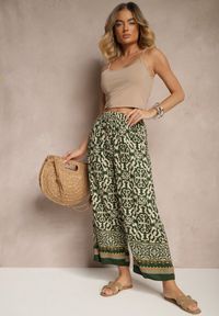 Renee - Zielone Szerokie Spodnie Culottes z Bawełny w Ornamentalny Print Lisanella. Okazja: na co dzień, na spacer. Kolor: zielony. Materiał: bawełna. Wzór: nadruk. Styl: casual, elegancki #3