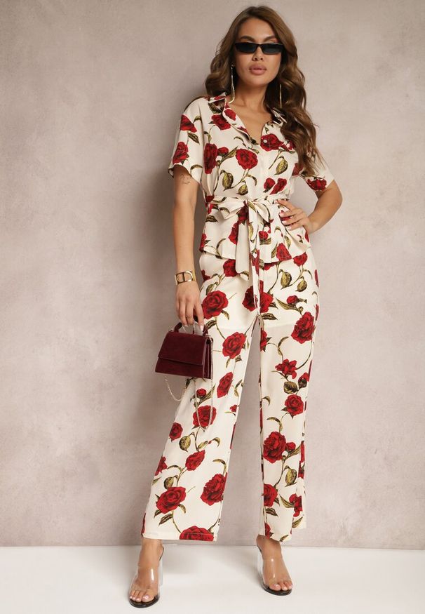 Renee - Beżowo-Bordowa Koszula w Kwiatowy Print Wiązana w Talii Uvularia. Kolor: beżowy. Wzór: nadruk, kwiaty. Styl: elegancki, klasyczny