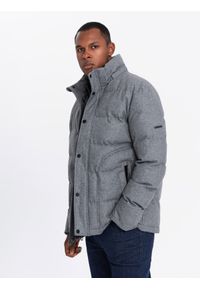 Ombre Clothing - Casualowa kurtka męska puffer z wełną – szary melanż V1 - Rozmiar: L. Okazja: na co dzień. Typ kołnierza: kołnierzyk stójkowy. Kolor: szary. Materiał: wełna. Długość: długie. Wzór: melanż. Styl: casual #5