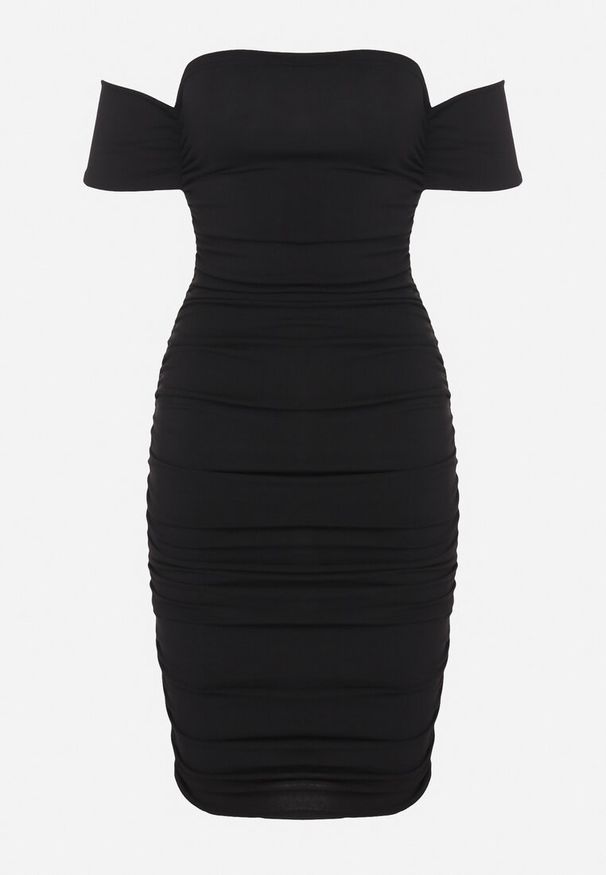 Born2be - Czarna Sukienka o Dopasowanym Kroju z Odkrytymi Ramionami i Drapowaniem Tosoria. Okazja: na co dzień. Kolor: czarny. Typ sukienki: z odkrytymi ramionami. Styl: casual