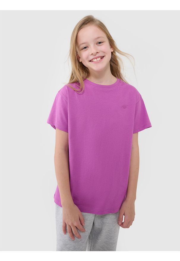 4f - 4F T-shirt oversize gładki dziewczęcy - fioletowy 158 (12-13 lat). Okazja: na co dzień. Kolor: fioletowy. Materiał: dzianina, bawełna, jersey. Wzór: gładki. Sezon: lato. Styl: klasyczny, sportowy, casual