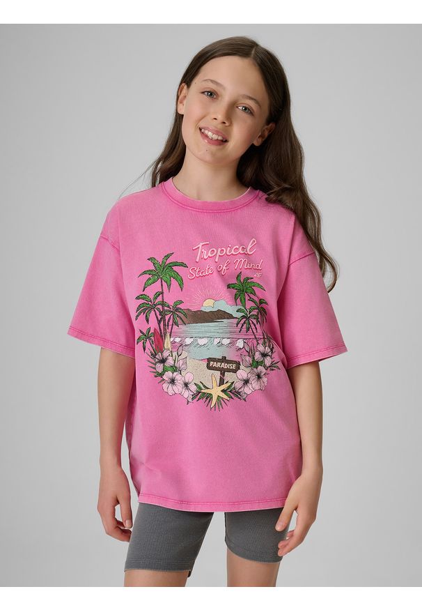 4f - 4F T-shirt loose z nadrukiem dziewczęcy - różowy 158/164 (12-14 lat). Okazja: na uczelnię, na co dzień, na spacer. Kolor: różowy. Materiał: materiał, bawełna, dresówka, dzianina. Wzór: nadruk. Sezon: lato. Styl: klasyczny, vintage, casual