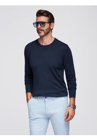Ombre Clothing - Męski sweter z okrągłym dekoltem z elastycznej dzianiny o klasycznym splocie - granatowy V1 - Rozmiar: L. Okazja: na co dzień. Kolor: niebieski. Materiał: dzianina. Wzór: ze splotem. Styl: klasyczny #4