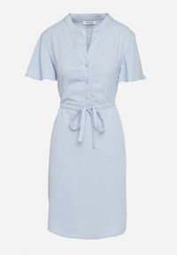 Born2be - Niebieska Sukienka Trapezowa z Koszulową Górą i Materiałowym Paskiem w Talii Vikiiona. Okazja: na spotkanie biznesowe. Typ kołnierza: dekolt w kształcie V. Kolor: niebieski. Materiał: materiał. Długość rękawa: krótki rękaw. Typ sukienki: trapezowe, koszulowe. Styl: biznesowy #2