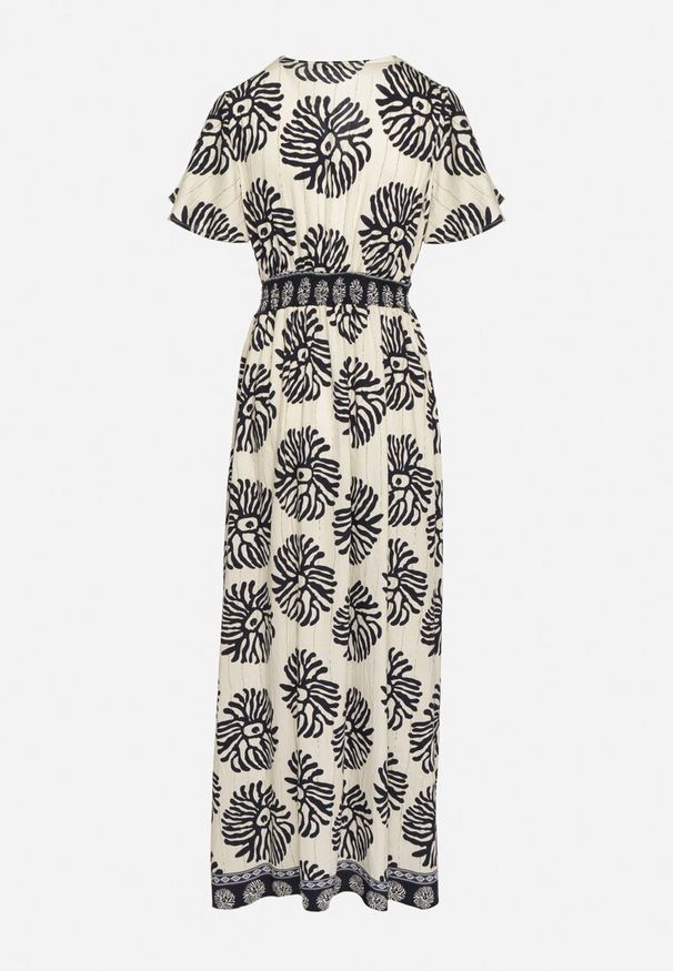 Born2be - Niebieska Wiskozowa Sukienka Rozkloszowana z Kopertowym Dekoltem w Boho Wzór Paldena. Okazja: na co dzień, na imprezę. Typ kołnierza: dekolt kopertowy. Kolor: niebieski. Materiał: wiskoza. Wzór: aplikacja. Sezon: lato. Typ sukienki: kopertowe. Styl: boho