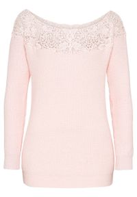 Sweter z koronką bonprix pastelowy jasnoróżowy. Kolor: różowy. Materiał: akryl, koronka, materiał, bawełna, elastan, poliamid. Wzór: koronka #1