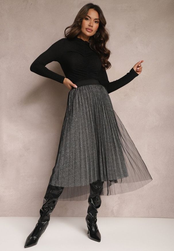 Renee - Czarno-Srebrna Spódnica Voloelle. Kolor: czarny. Materiał: dzianina. Styl: klasyczny, glamour, elegancki