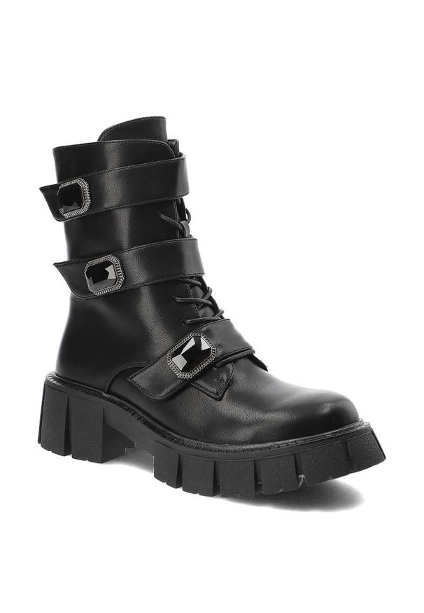 Czarne Botki S.Barski Modne Buty Damskie. Okazja: na co dzień. Zapięcie: klamry. Kolor: czarny. Materiał: skóra ekologiczna, materiał. Wzór: paski. Obcas: na obcasie. Styl: casual, elegancki. Wysokość obcasa: średni