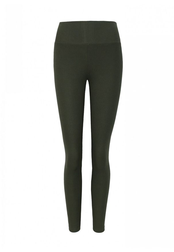 Marsala - Legginsy damskie z prążkowanej dzianiny w kolorze KHAKI - HIPS. Okazja: na co dzień. Kolor: brązowy. Materiał: dzianina, prążkowany. Styl: casual, sportowy
