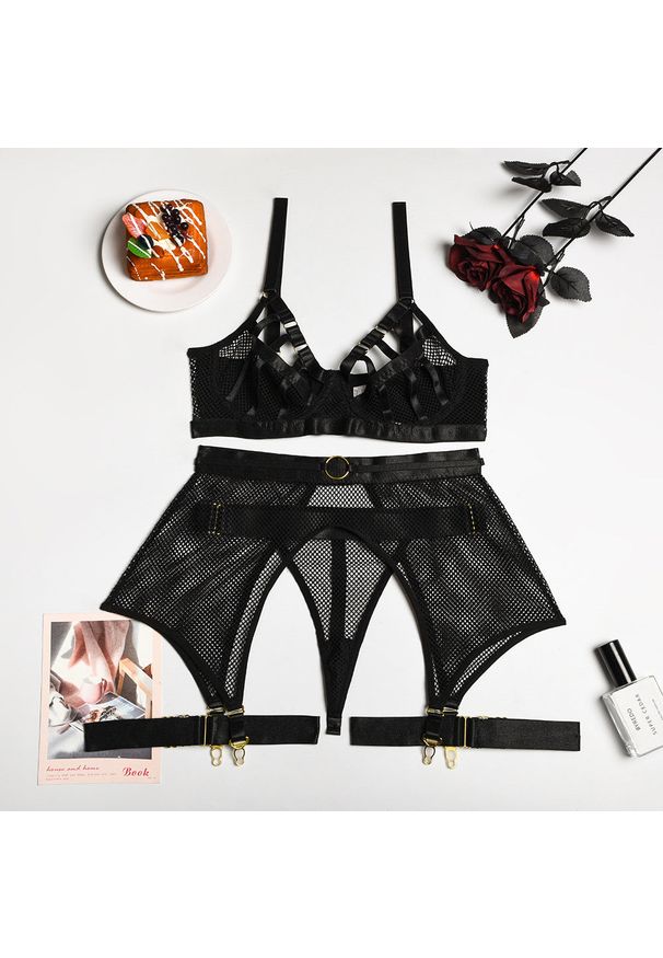Intica - Komplet bielizny z pasem i podwiązkami elegancki design Palaghia. Kolor: czarny. Materiał: materiał
