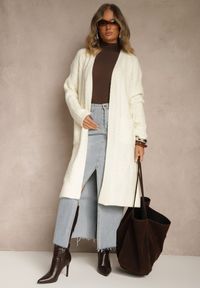 Renee - Jasnobeżowy Tłoczony Kardigan z Wełną o Kroju Bez Zapięć z Paskiem Dorrive. Okazja: na co dzień. Kolor: beżowy. Materiał: wełna. Styl: casual, elegancki