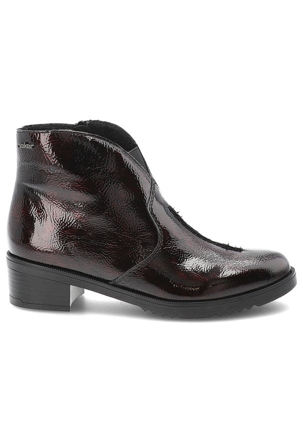 Czerwone Botki Rieker Eleganckie Lakierowane Obuwie Damskie. Okazja: na co dzień. Kolor: czerwony. Materiał: lakier. Sezon: zima, jesień. Obcas: na obcasie. Styl: elegancki. Wysokość obcasa: niski