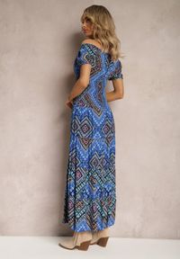 Renee - Niebiesko-Granatowa Sukienka Hiszpanka Boho z Bawełny z Gumką w Talii Lovedia. Typ kołnierza: dekolt hiszpanka. Kolor: niebieski. Materiał: bawełna. Styl: boho #2