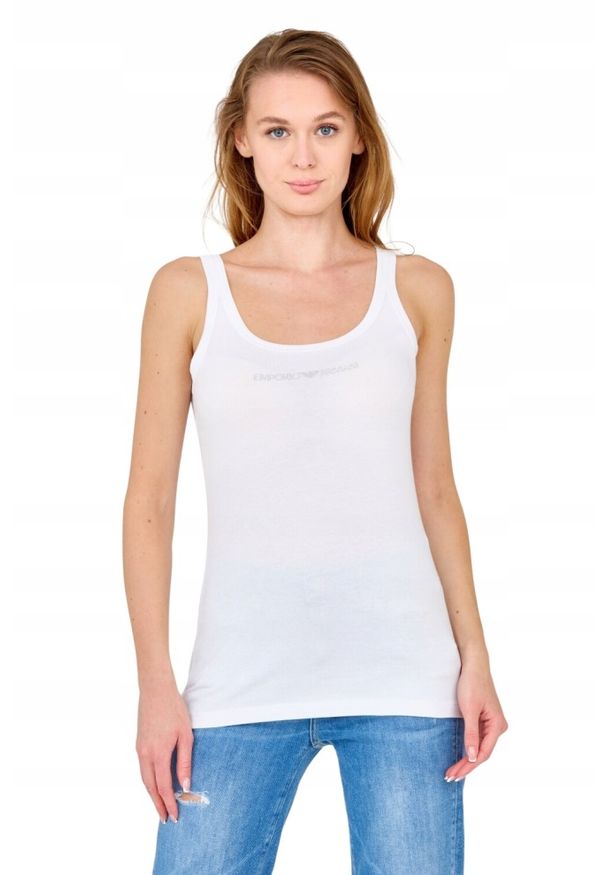 Emporio Armani - EMPORIO ARMANI Biały damski top z dżetowym logo, Rozmiar S. Kolor: biały. Materiał: bawełna