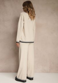 Renee - Jasnobeżowy Komplet Dzianinowy Sweter i Spodnie Wide Leg z Ozdobną Lamówką Ralenia. Kolor: beżowy. Materiał: dzianina. Wzór: aplikacja #4