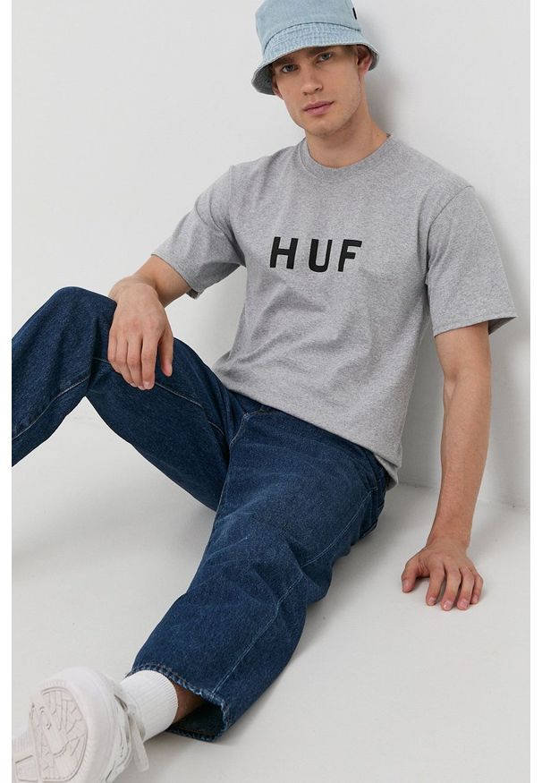 HUF - T-shirt bawełniany. Okazja: na co dzień. Kolor: szary. Materiał: bawełna. Wzór: nadruk. Styl: casual