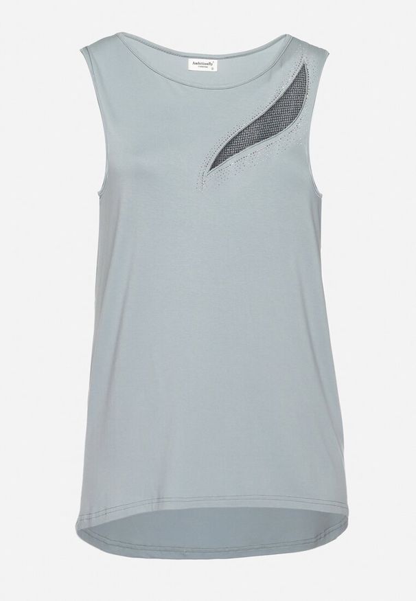 Born2be - Miętowa Bluzka z Bawełny na Ramiączkach z Siateczką i Cyrkoniami Blettia. Kolor: miętowy. Materiał: bawełna. Długość rękawa: na ramiączkach. Styl: elegancki, wizytowy