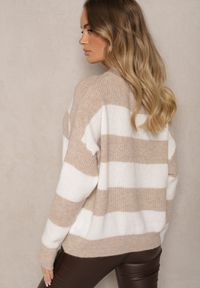 Renee - Beżowy Sweter ze Ściągaczami Ozdobiony Pasami z Wełną Tiarosea. Okazja: na co dzień. Kolor: beżowy. Materiał: wełna. Długość rękawa: długi rękaw. Długość: długie. Wzór: aplikacja. Styl: klasyczny, casual