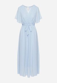 Born2be - Niebieska Brokatowa Sukienka Koktajlowa Ozdobiona Paskiem Ziliane. Okazja: na imprezę. Kolor: niebieski. Wzór: aplikacja. Styl: wizytowy #3