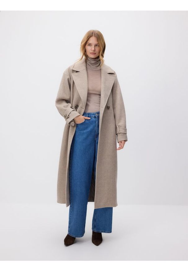 Reserved - Płaszcz z wełną - brązowy. Kolor: brązowy. Materiał: wełna