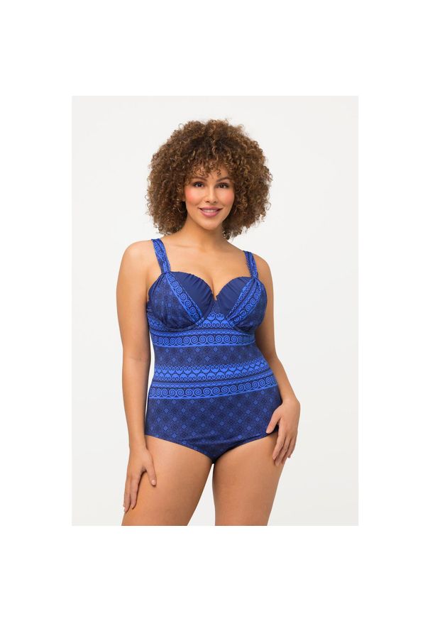 ULLA POPKEN - Damskie Kostium kąpielowy ornamenty fiszbiny miękkie miseczki falbanka. Kolekcja: plus size. Kolor: fioletowy. Materiał: poliamid, materiał, elastan