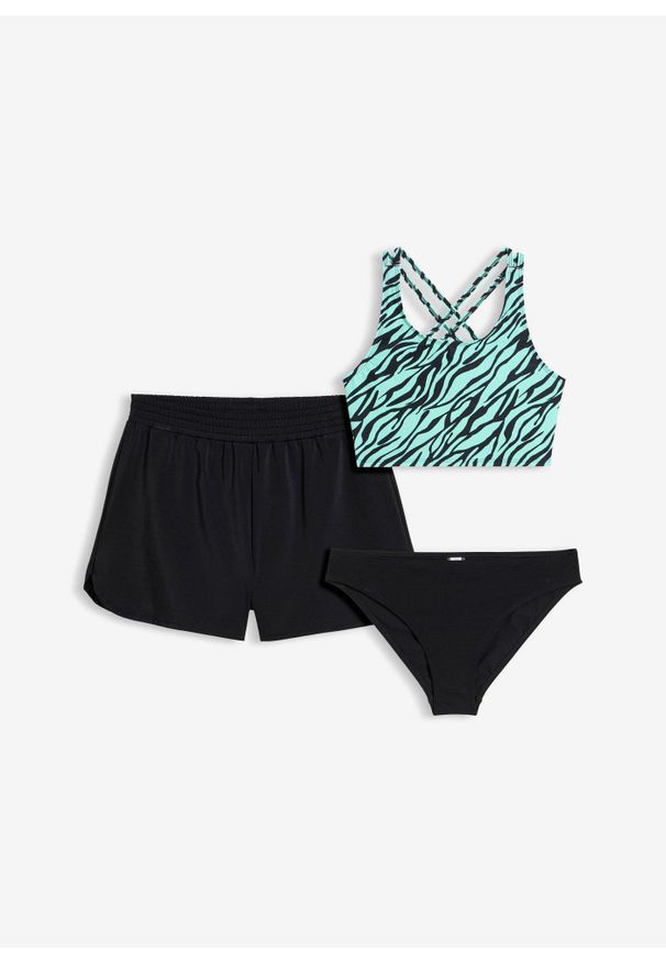 bonprix - Bikini + szorty (komplet 3-cz.). Kolor: czarny