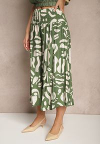 Renee - Zielone Szerokie Spodnie Culottes z Gumką Zdobione Geometrycznym Printem Sartebia. Okazja: na co dzień. Kolor: zielony. Wzór: geometria, aplikacja, nadruk. Styl: casual, elegancki #4