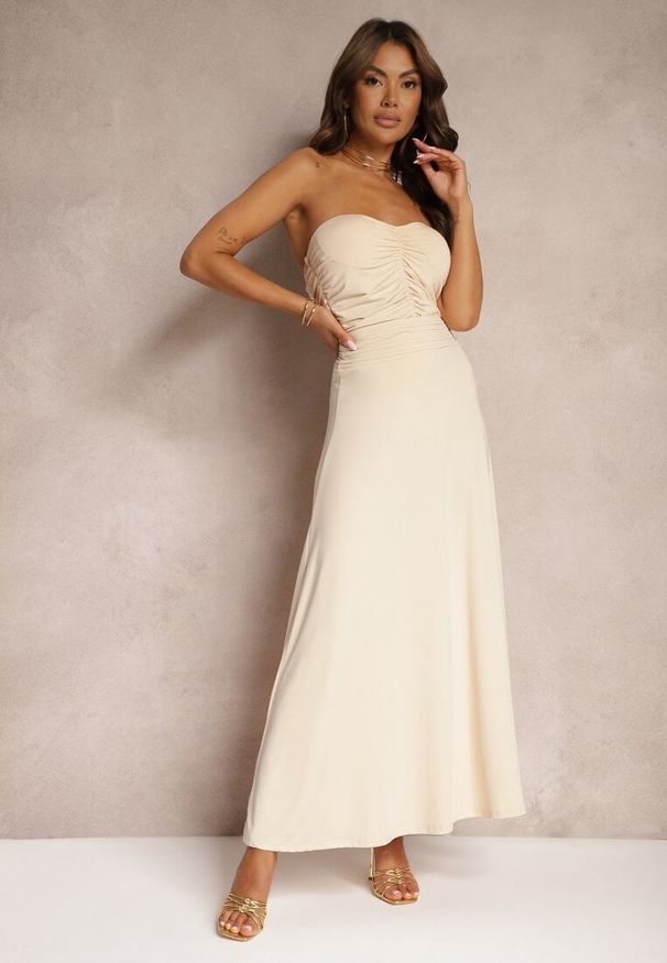 Renee - Beżowa Rozkloszowana Spódnica High Waist z Marszczeniem w Pasie Nolisea. Stan: podwyższony. Kolor: beżowy. Materiał: tkanina