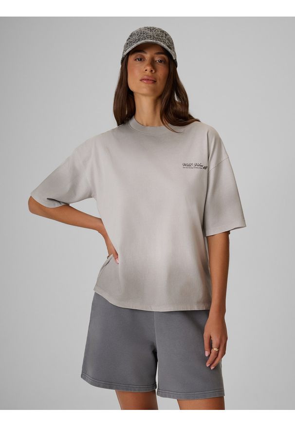 4f - 4F T-shirt loose z nadrukiem damski - szary S. Okazja: na co dzień. Kolor: szary. Materiał: materiał, bawełna, dzianina. Wzór: nadruk. Styl: klasyczny, casual