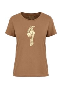 Ochnik - T-shirt damski w kolorze camel z wilgą. Kolor: brązowy. Materiał: bawełna. Wzór: aplikacja