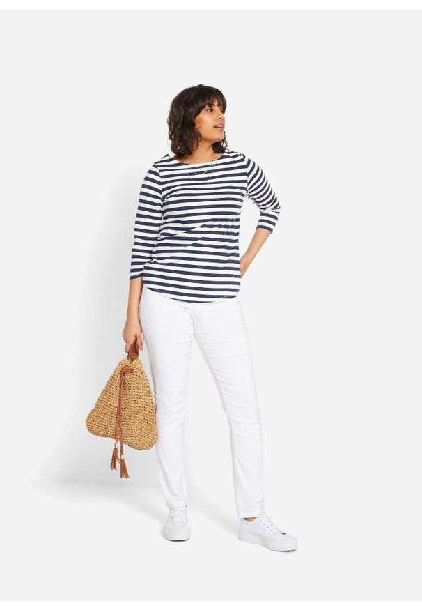 bonprix - Spodnie z bengaliny ze stretchem, straight. Stan: obniżony. Kolor: biały. Materiał: włókno, materiał, poliester, skóra, wiskoza