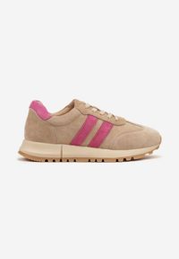Renee - Beżowo-Fuksjowe Sneakersy ze Skóry Naturalnej z Paskami Kiarre. Okazja: na co dzień. Zapięcie: pasek. Kolor: beżowy. Materiał: skóra #3