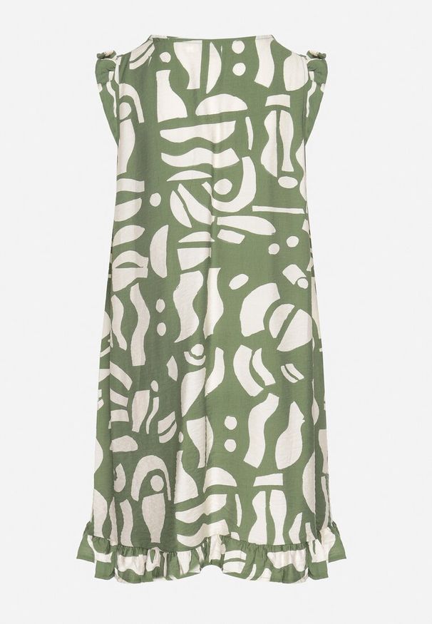 Born2be - Zielona Sukienka o Rozkloszowanym Kroju z Dekoltem w Serek w Abstrakcyjny Wzór Mevondra. Okazja: na co dzień. Typ kołnierza: dekolt w serek. Kolor: zielony. Materiał: skóra, jeans. Długość rękawa: bez rękawów. Styl: casual, elegancki
