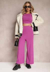 Renee - Fioletowe Spodnie o Fasonie Culotte z Gumką w Talii Chakra. Stan: podwyższony. Kolor: fioletowy. Materiał: dzianina, tkanina